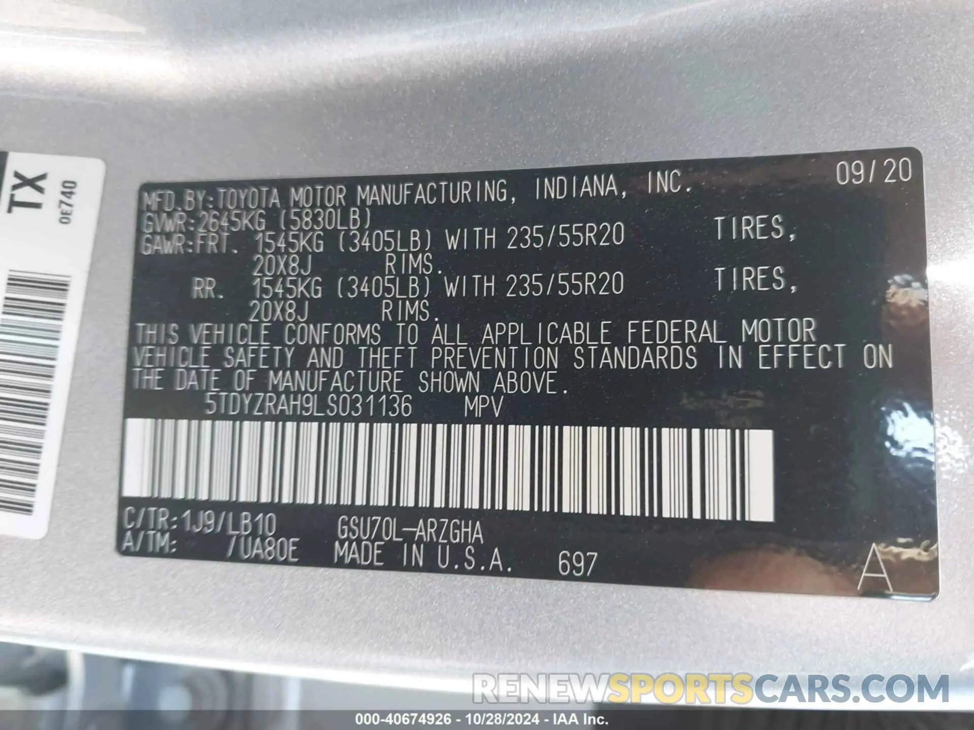 9 fotografías del automóvil dañado 5TDYZRAH9LS031136 TOYOTA HIGHLANDER 2020