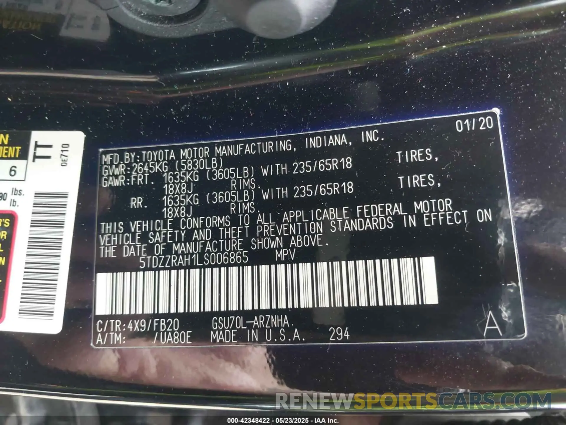9 fotografías del automóvil dañado 5TDZZRAH1LS006865 TOYOTA HIGHLANDER 2020