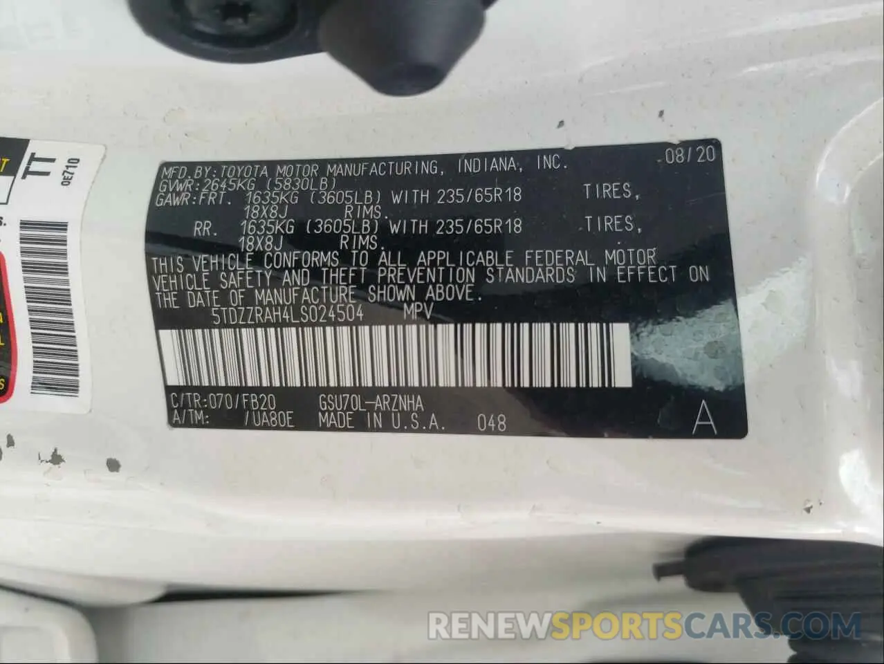 10 fotografías del automóvil dañado 5TDZZRAH4LS024504 TOYOTA HIGHLANDER 2020