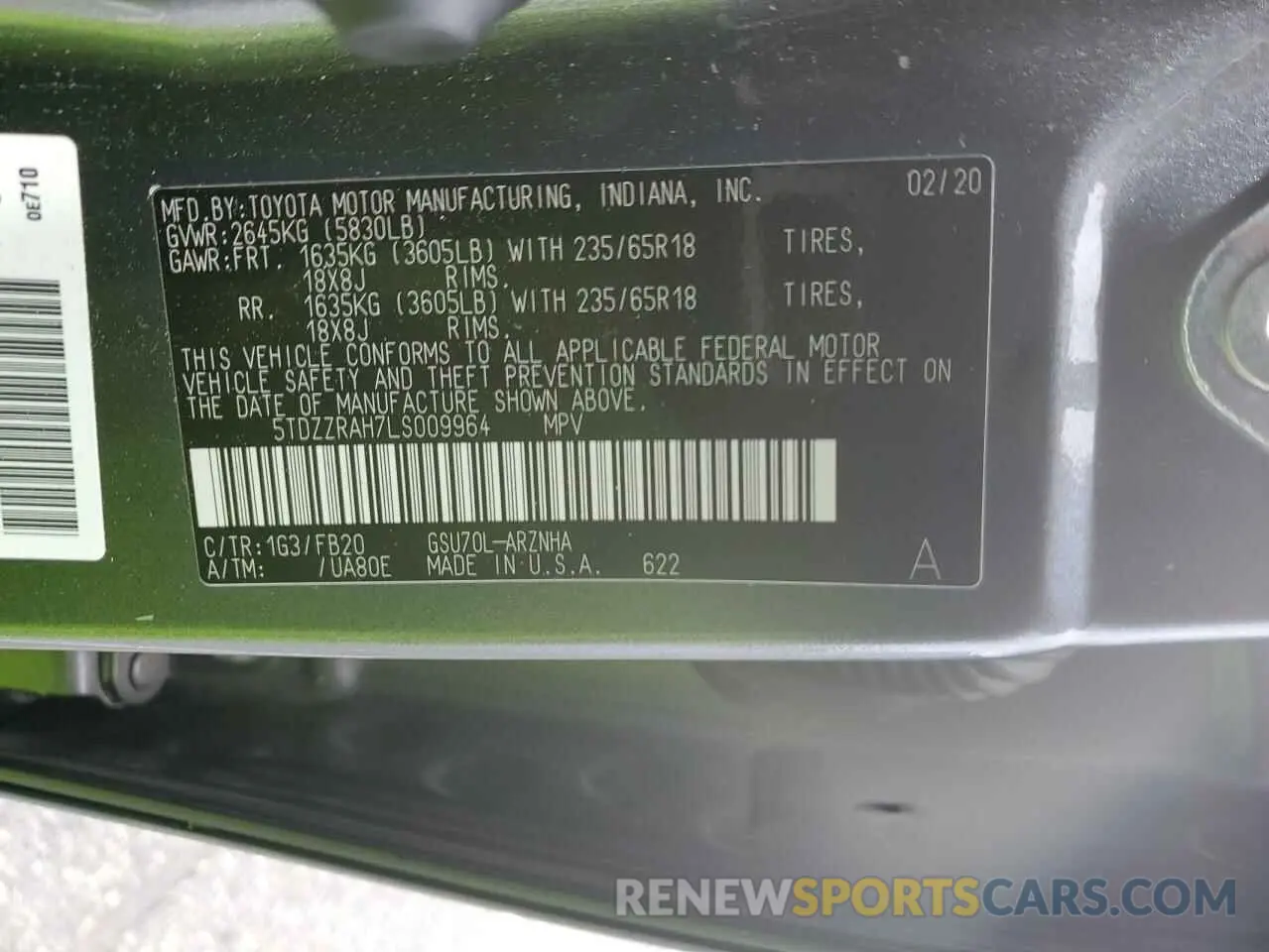 14 fotografías del automóvil dañado 5TDZZRAH7LS009964 TOYOTA HIGHLANDER 2020