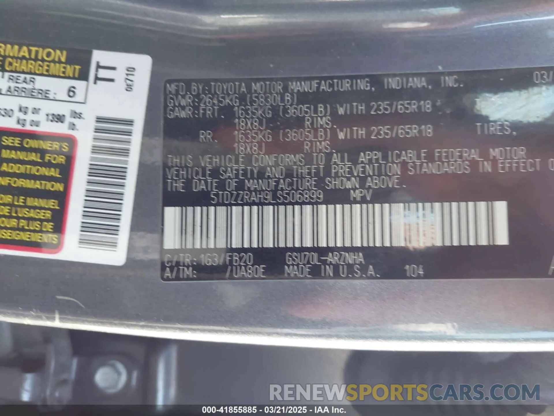9 fotografías del automóvil dañado 5TDZZRAH9LS506899 TOYOTA HIGHLANDER 2020