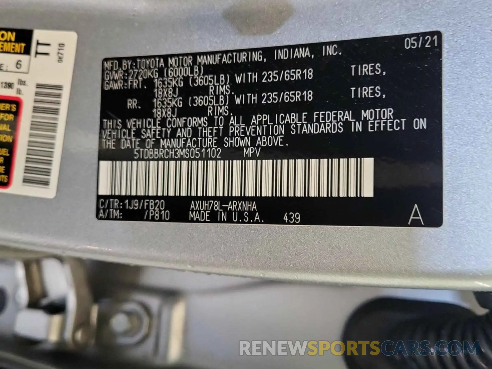8 fotografías del automóvil dañado 5TDBBRCH3MS051102 TOYOTA HIGHLANDER 2021