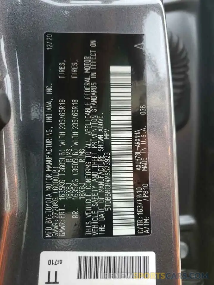12 fotografías del automóvil dañado 5TDBBRCH4MS523923 TOYOTA HIGHLANDER 2021