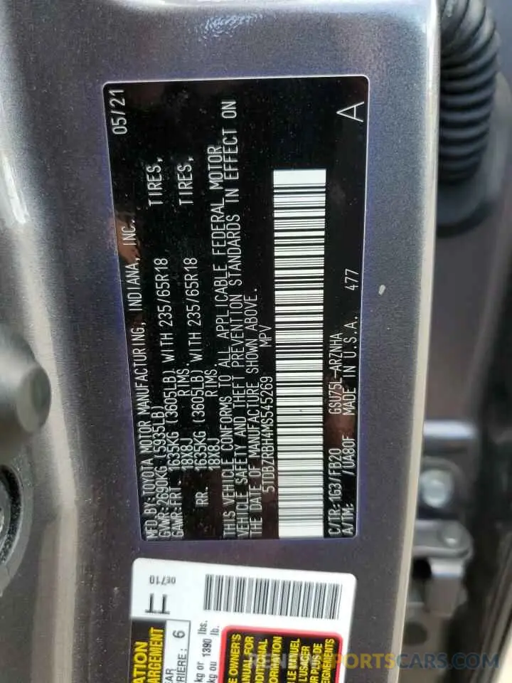 13 fotografías del automóvil dañado 5TDBZRBH4MS545269 TOYOTA HIGHLANDER 2021