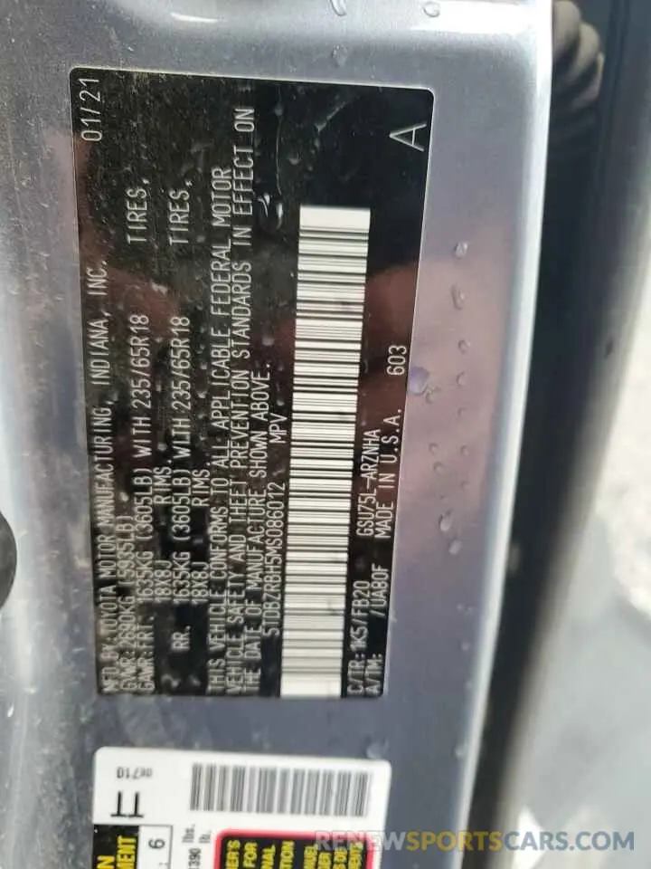 14 fotografías del automóvil dañado 5TDBZRBH5MS086012 TOYOTA HIGHLANDER 2021