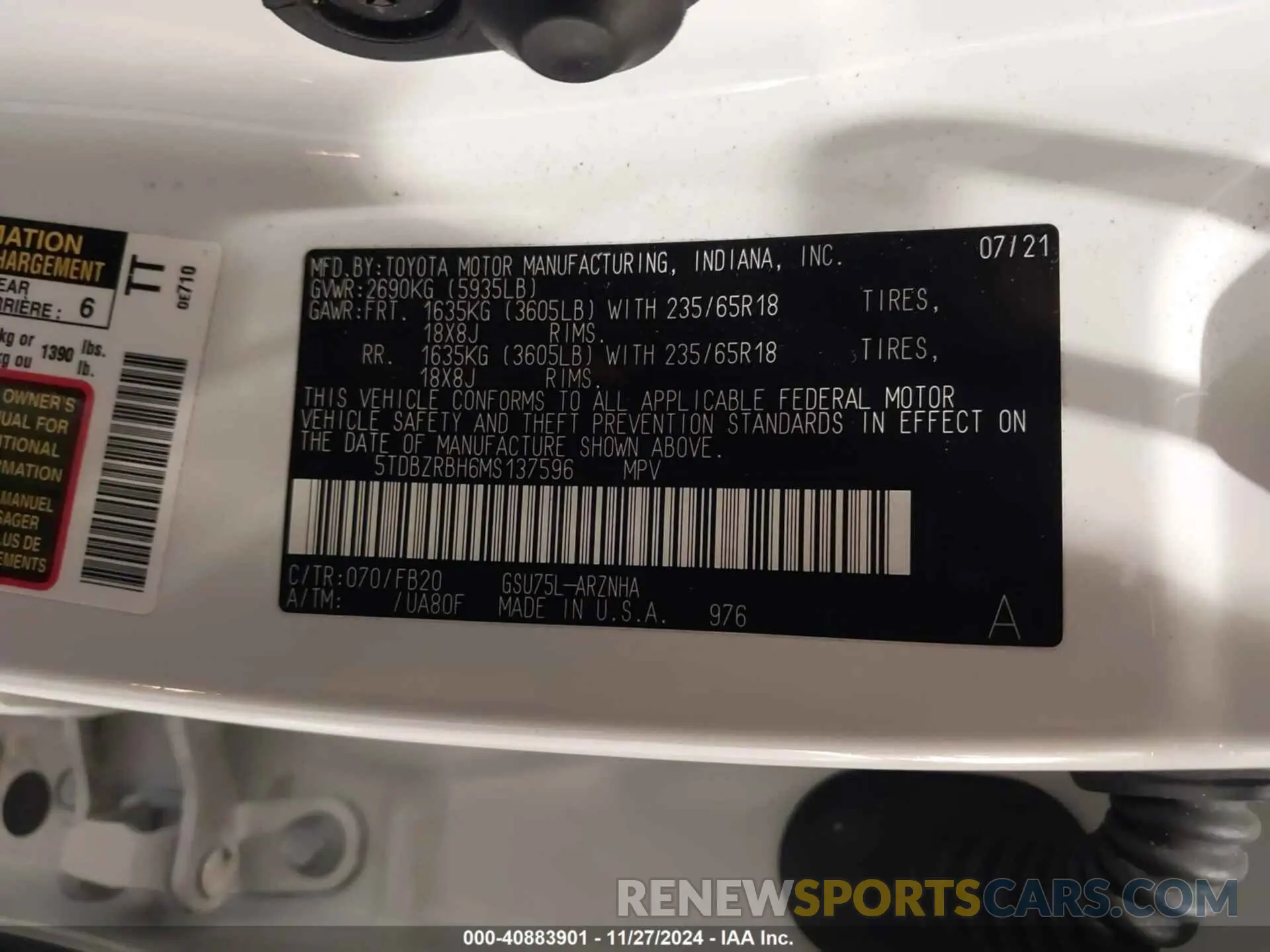 9 fotografías del automóvil dañado 5TDBZRBH6MS137596 TOYOTA HIGHLANDER 2021