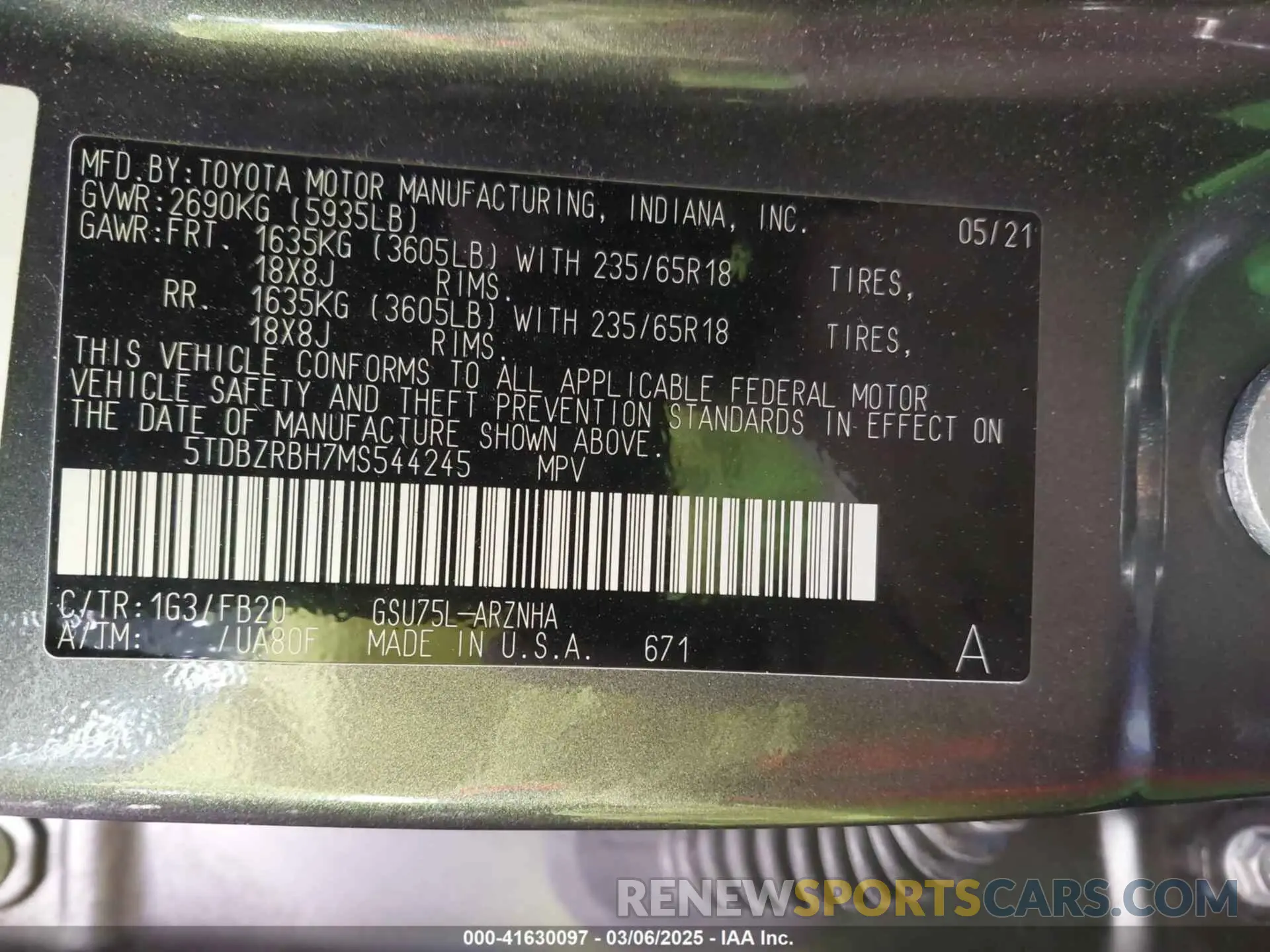 9 fotografías del automóvil dañado 5TDBZRBH7MS544245 TOYOTA HIGHLANDER 2021