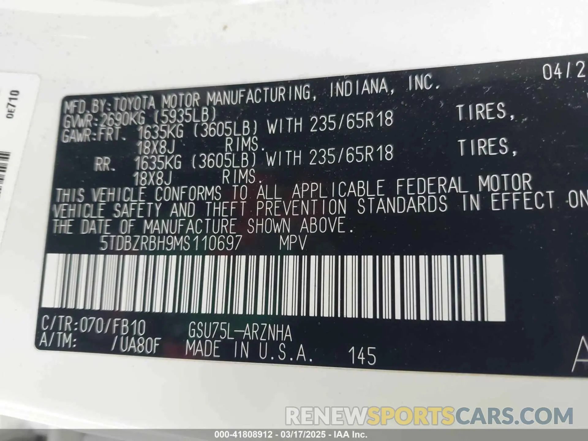 9 fotografías del automóvil dañado 5TDBZRBH9MS110697 TOYOTA HIGHLANDER 2021