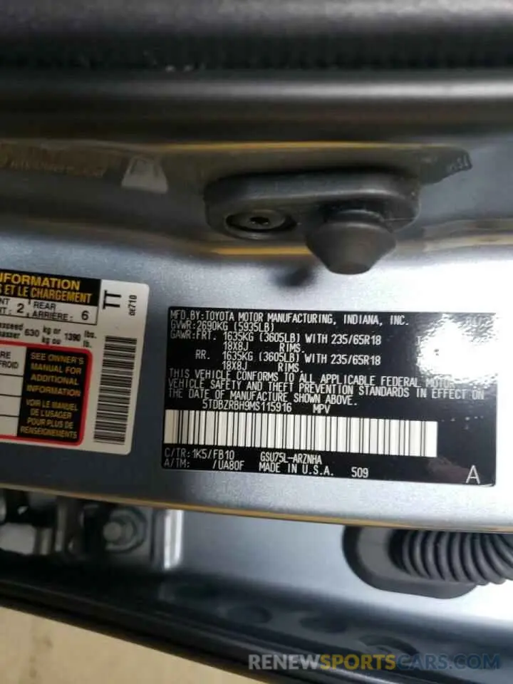 10 fotografías del automóvil dañado 5TDBZRBH9MS115916 TOYOTA HIGHLANDER 2021