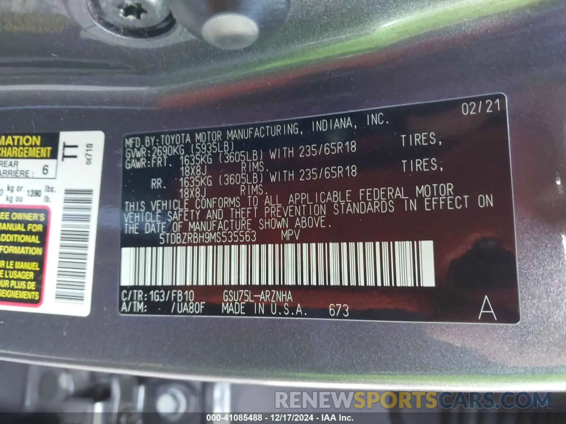 9 fotografías del automóvil dañado 5TDBZRBH9MS535563 TOYOTA HIGHLANDER 2021