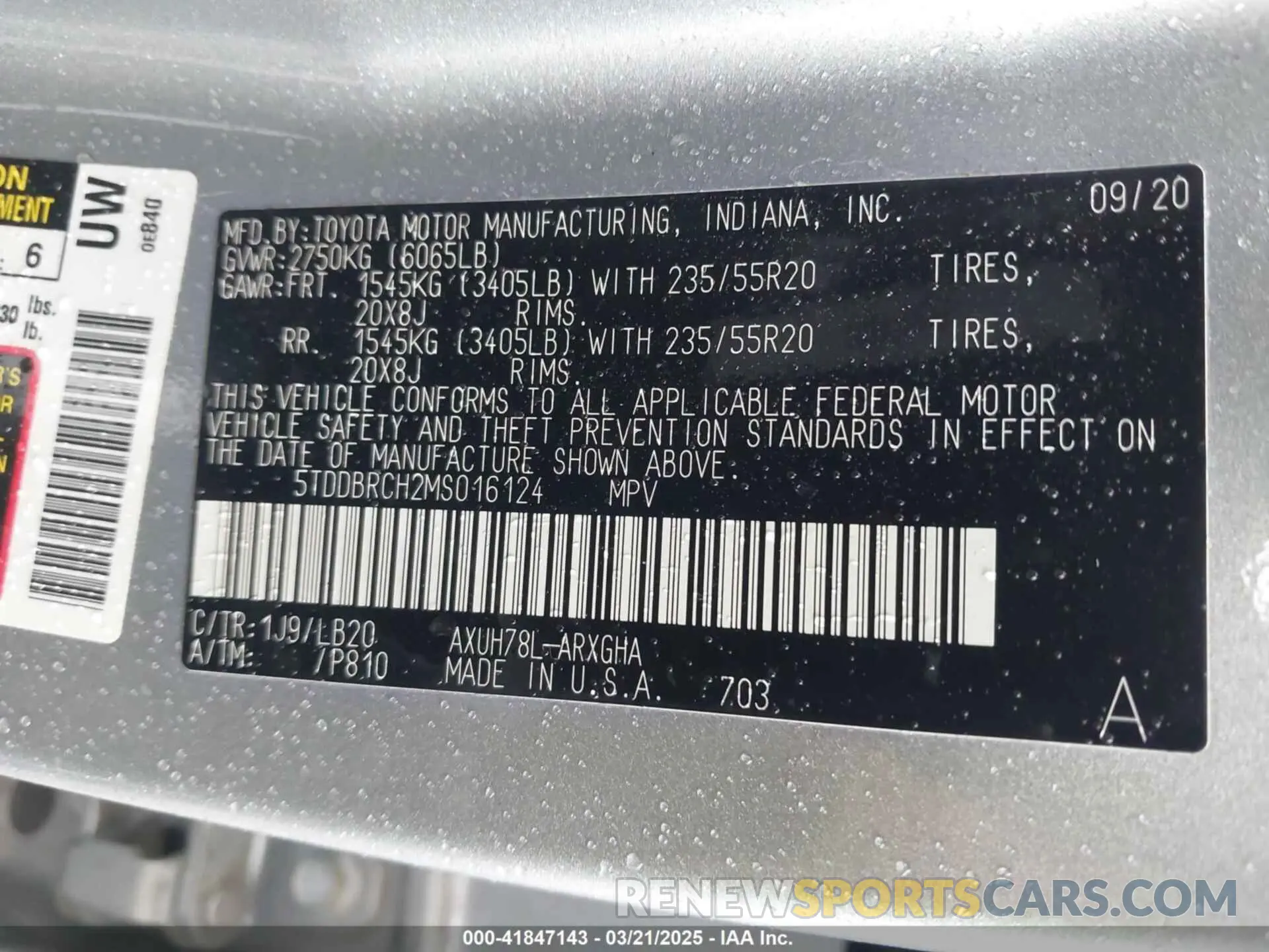 9 fotografías del automóvil dañado 5TDDBRCH2MS016124 TOYOTA HIGHLANDER 2021