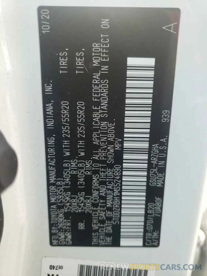 10 fotografías del automóvil dañado 5TDDZRBH1MS524890 TOYOTA HIGHLANDER 2021
