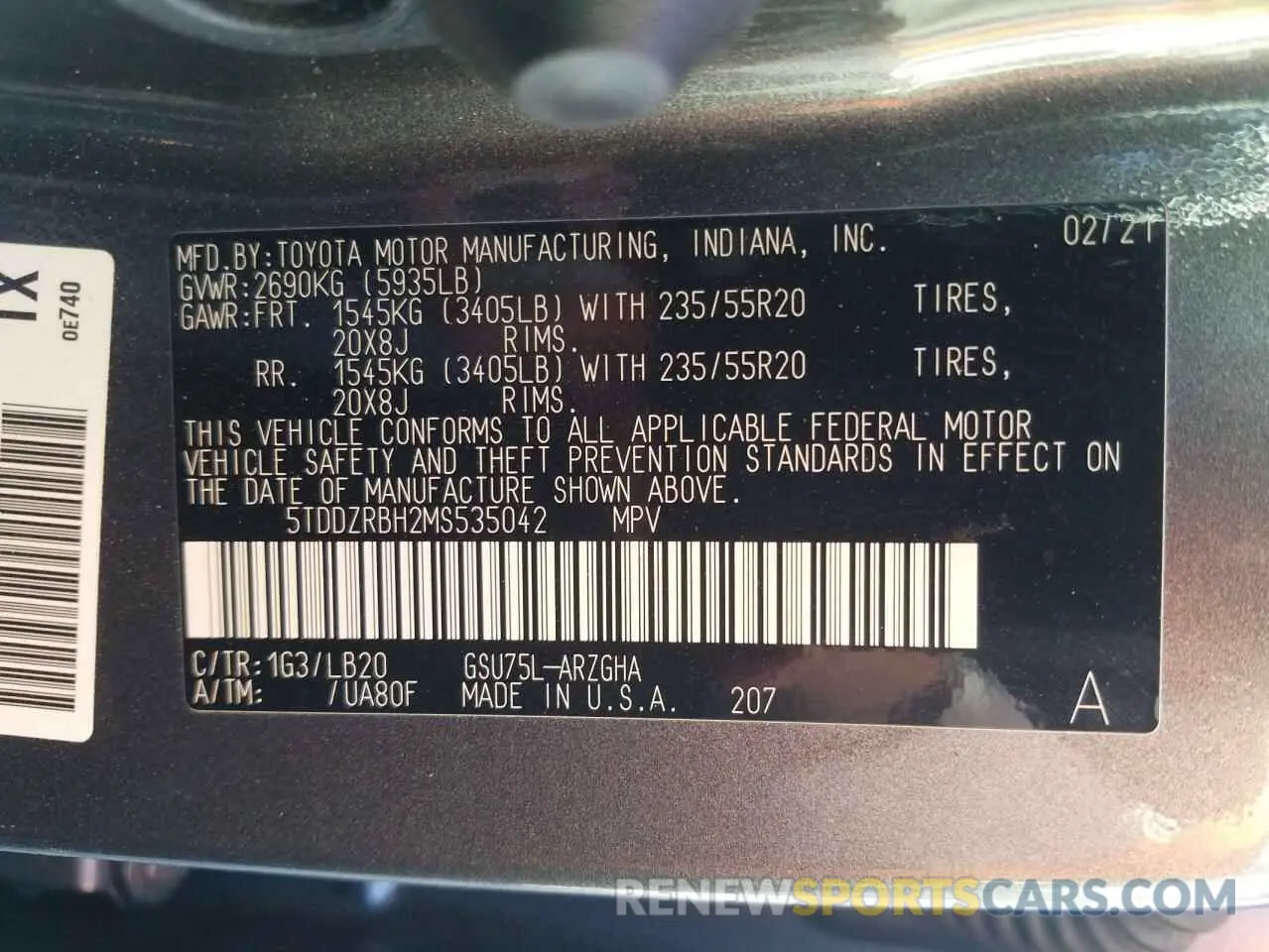 10 fotografías del automóvil dañado 5TDDZRBH2MS535042 TOYOTA HIGHLANDER 2021