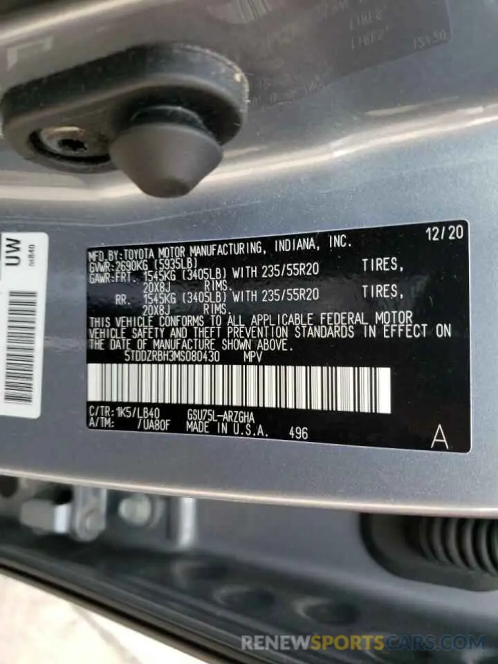 13 fotografías del automóvil dañado 5TDDZRBH3MS080430 TOYOTA HIGHLANDER 2021