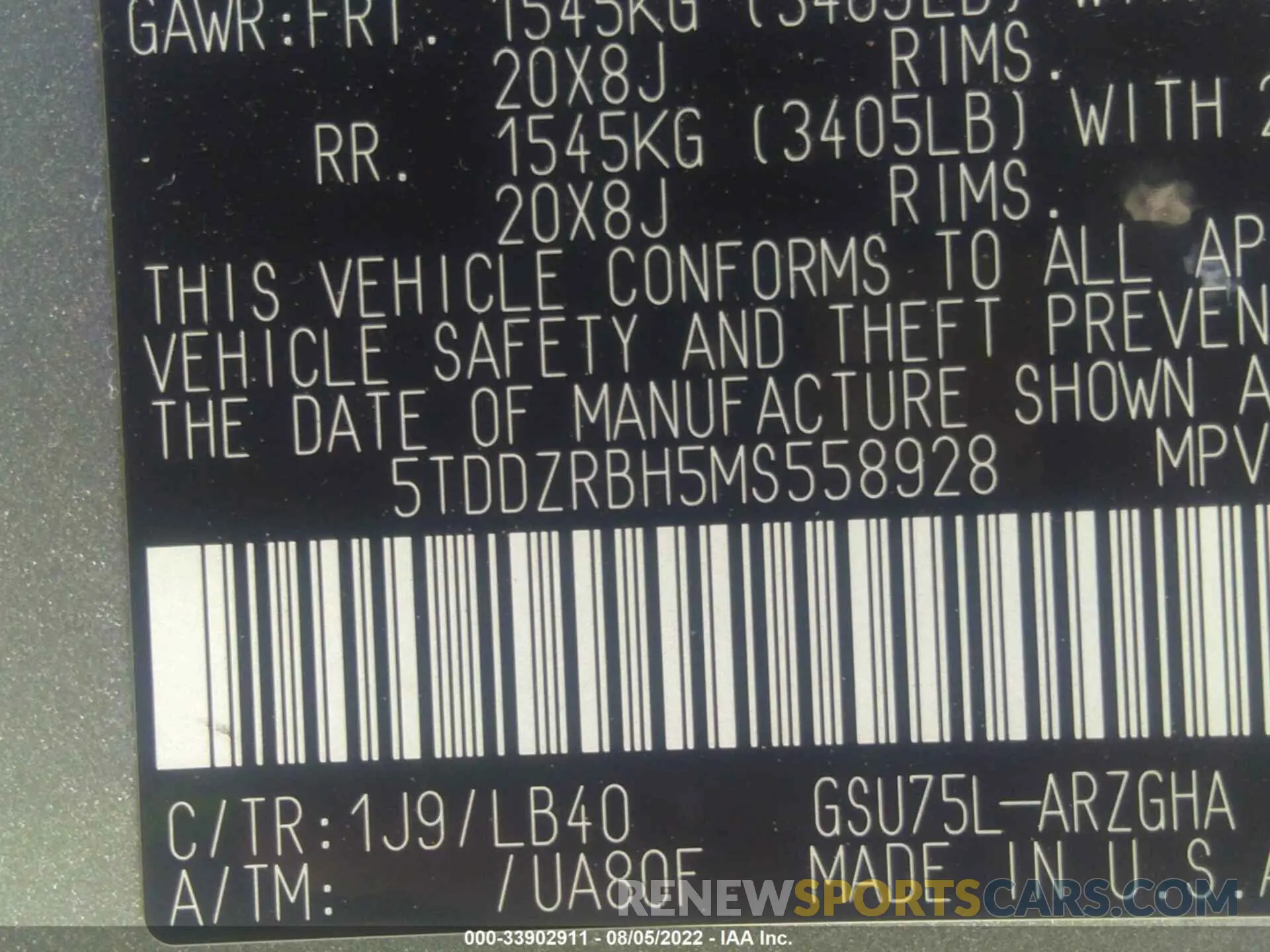 9 fotografías del automóvil dañado 5TDDZRBH5MS558928 TOYOTA HIGHLANDER 2021