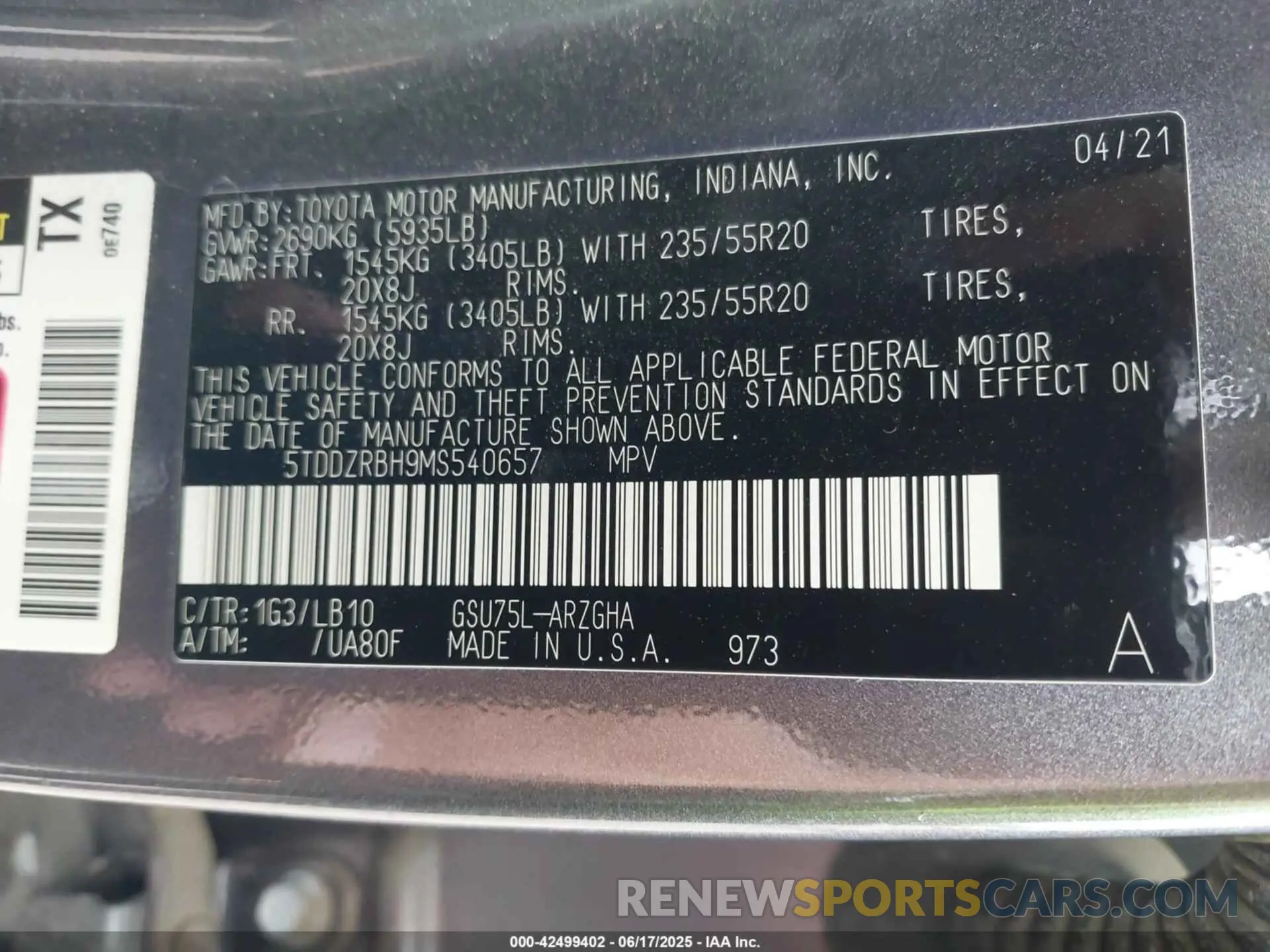 9 fotografías del automóvil dañado 5TDDZRBH9MS540657 TOYOTA HIGHLANDER 2021