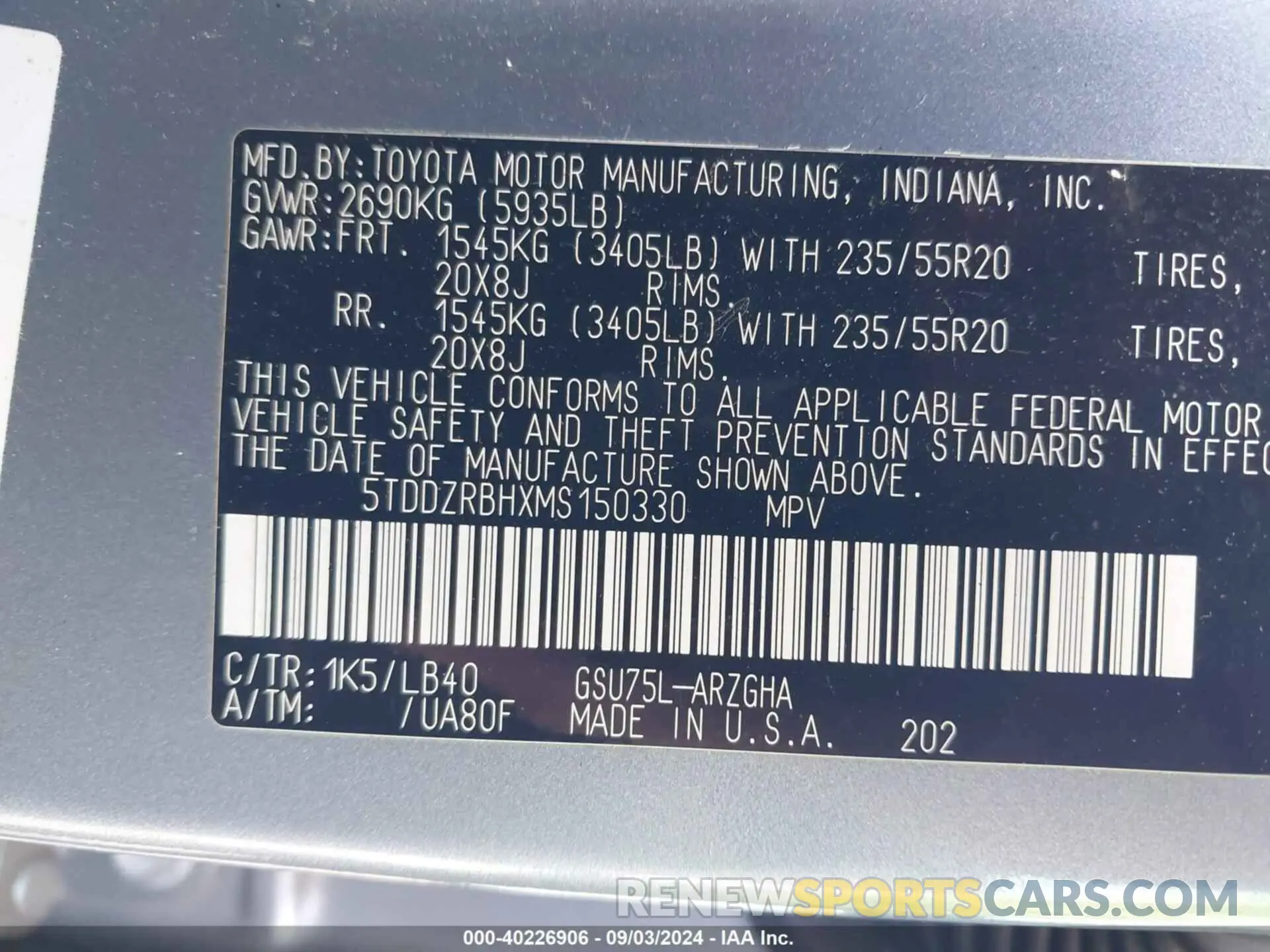 9 fotografías del automóvil dañado 5TDDZRBHXMS150330 TOYOTA HIGHLANDER 2021