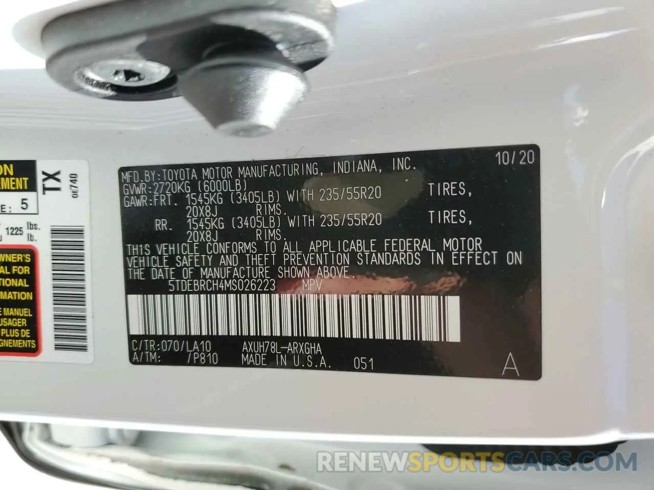 10 fotografías del automóvil dañado 5TDEBRCH4MS026223 TOYOTA HIGHLANDER 2021