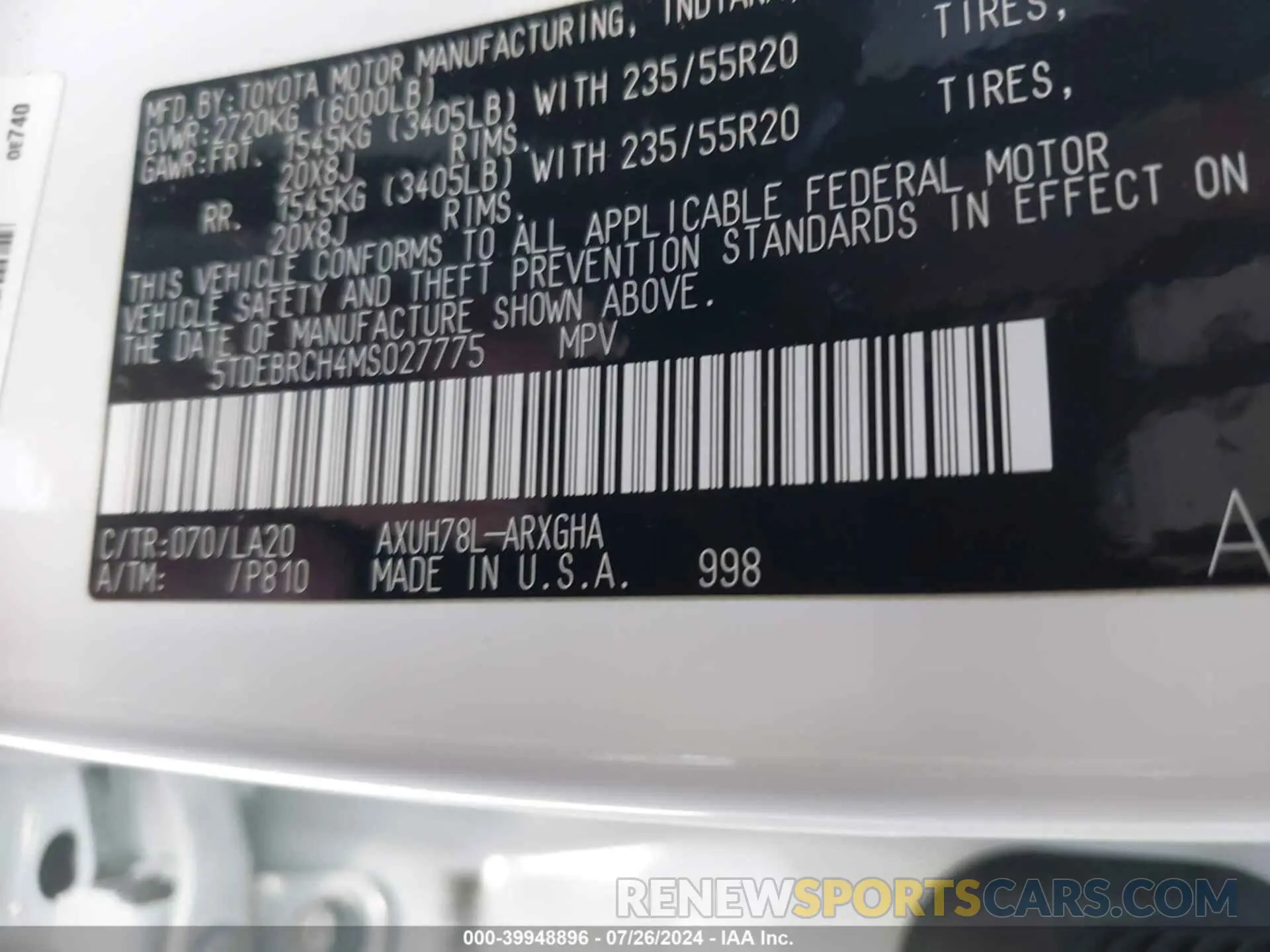 9 fotografías del automóvil dañado 5TDEBRCH4MS027775 TOYOTA HIGHLANDER 2021