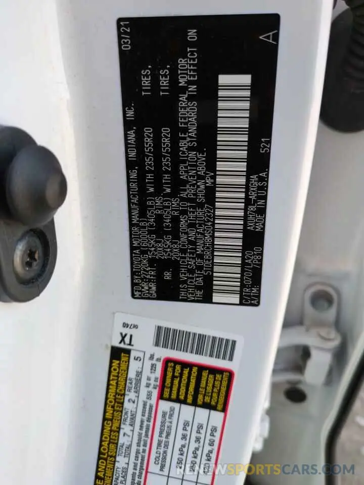 13 fotografías del automóvil dañado 5TDEBRCH8MS042327 TOYOTA HIGHLANDER 2021