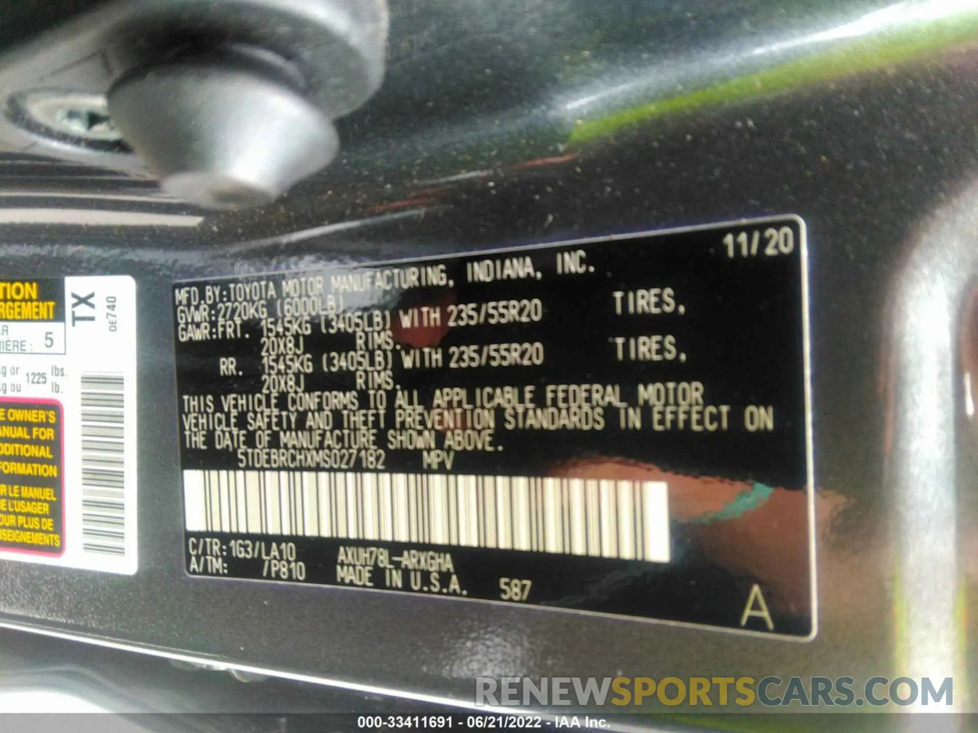 9 fotografías del automóvil dañado 5TDEBRCHXMS027182 TOYOTA HIGHLANDER 2021