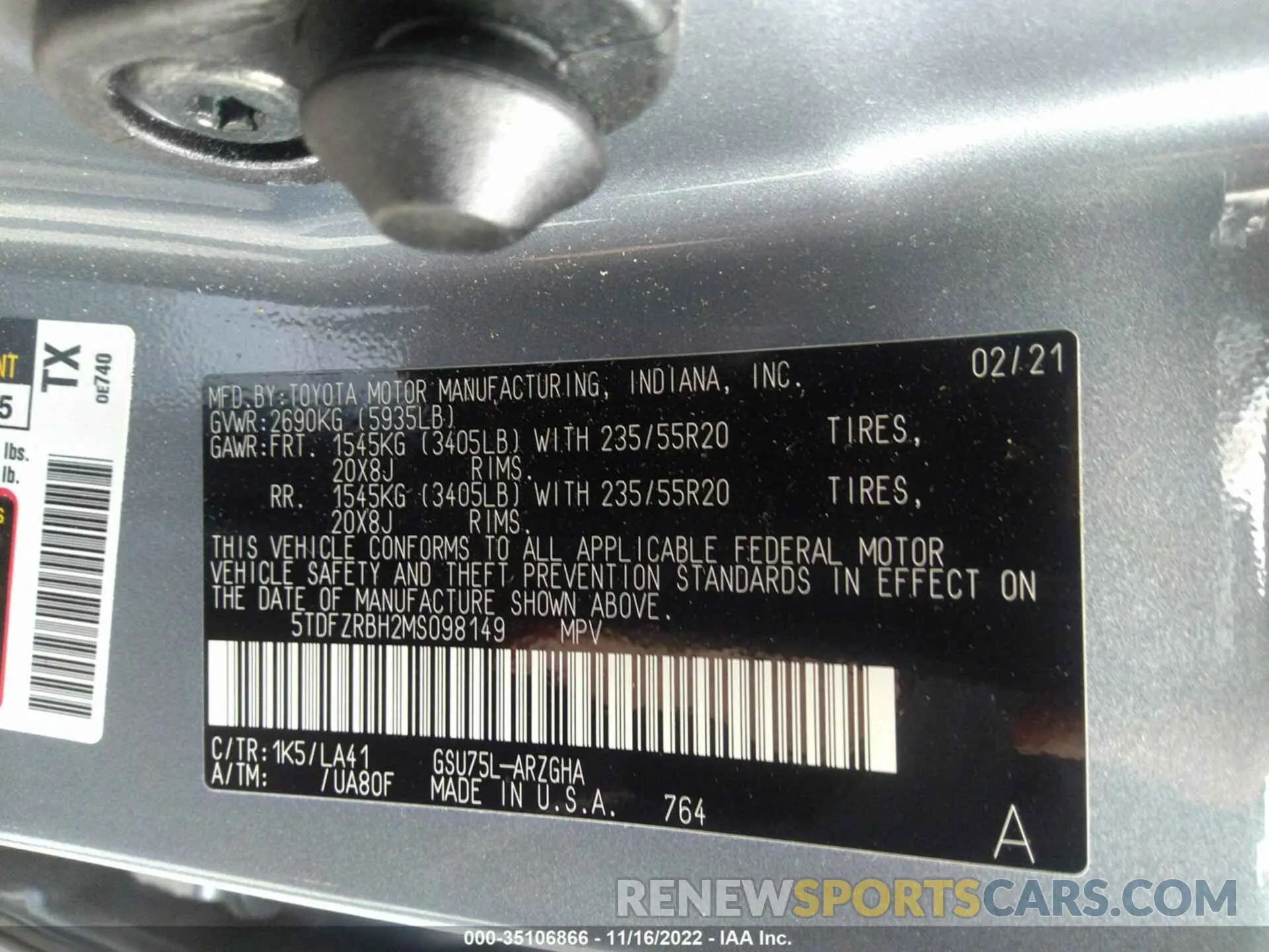 9 fotografías del automóvil dañado 5TDFZRBH2MS098149 TOYOTA HIGHLANDER 2021