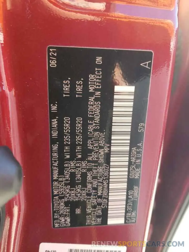 13 fotografías del automóvil dañado 5TDFZRBH4MS136027 TOYOTA HIGHLANDER 2021