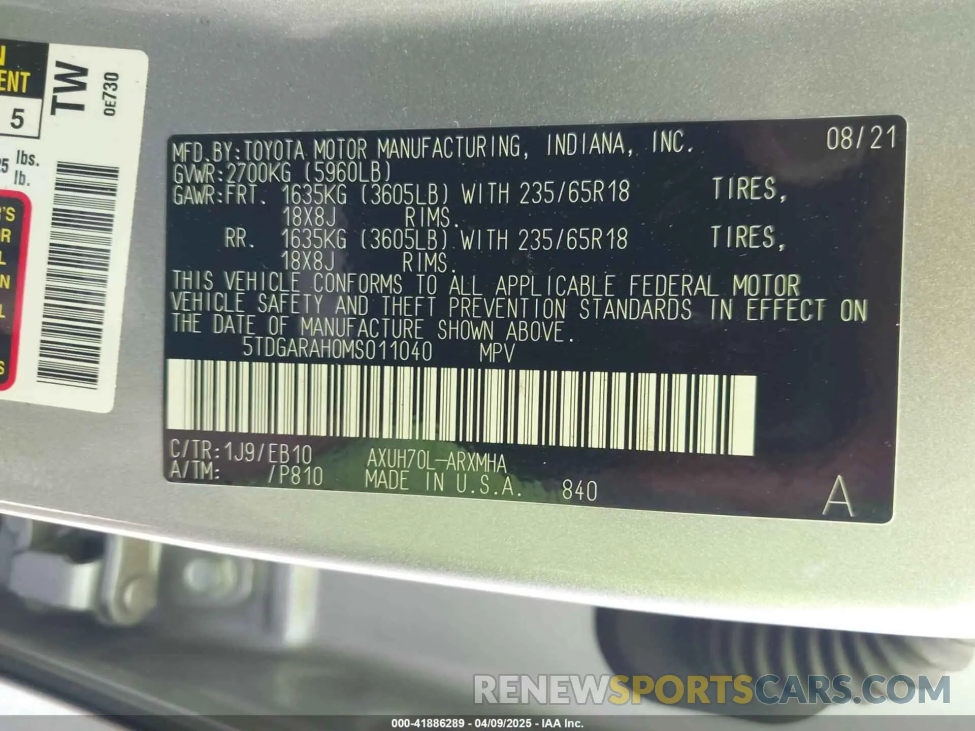 9 fotografías del automóvil dañado 5TDGARAH0MS011040 TOYOTA HIGHLANDER 2021