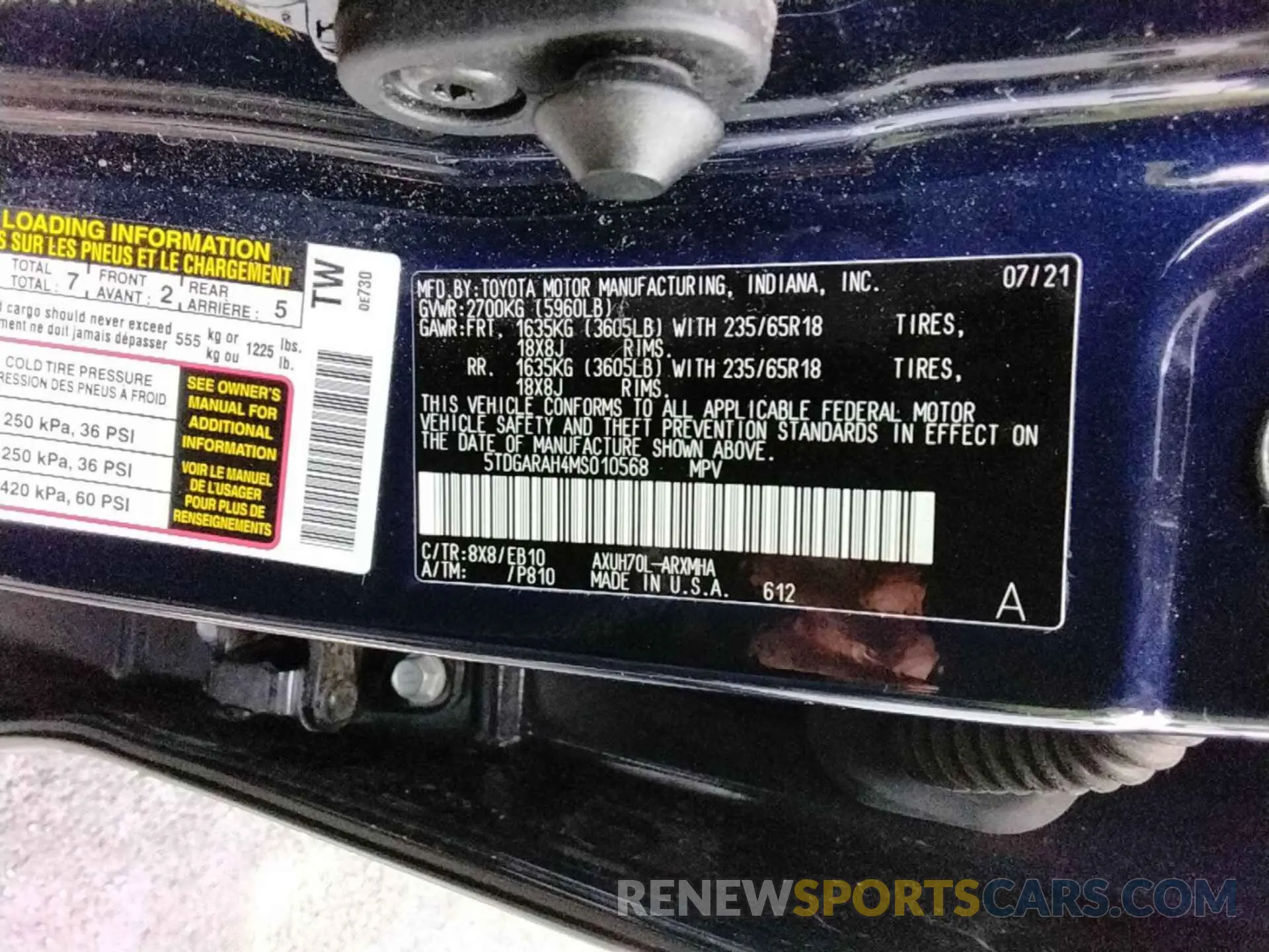 2 fotografías del automóvil dañado 5TDGARAH4MS010568 TOYOTA HIGHLANDER 2021