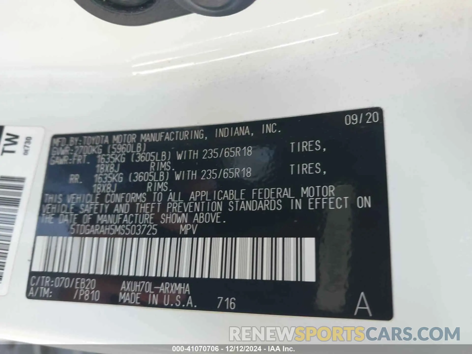 9 fotografías del automóvil dañado 5TDGARAH5MS503725 TOYOTA HIGHLANDER 2021