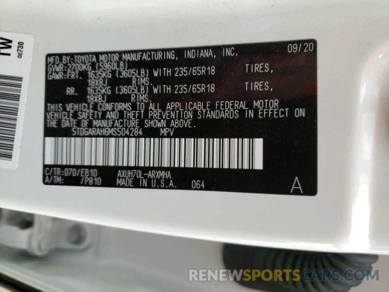10 fotografías del automóvil dañado 5TDGARAH6MS504284 TOYOTA HIGHLANDER 2021