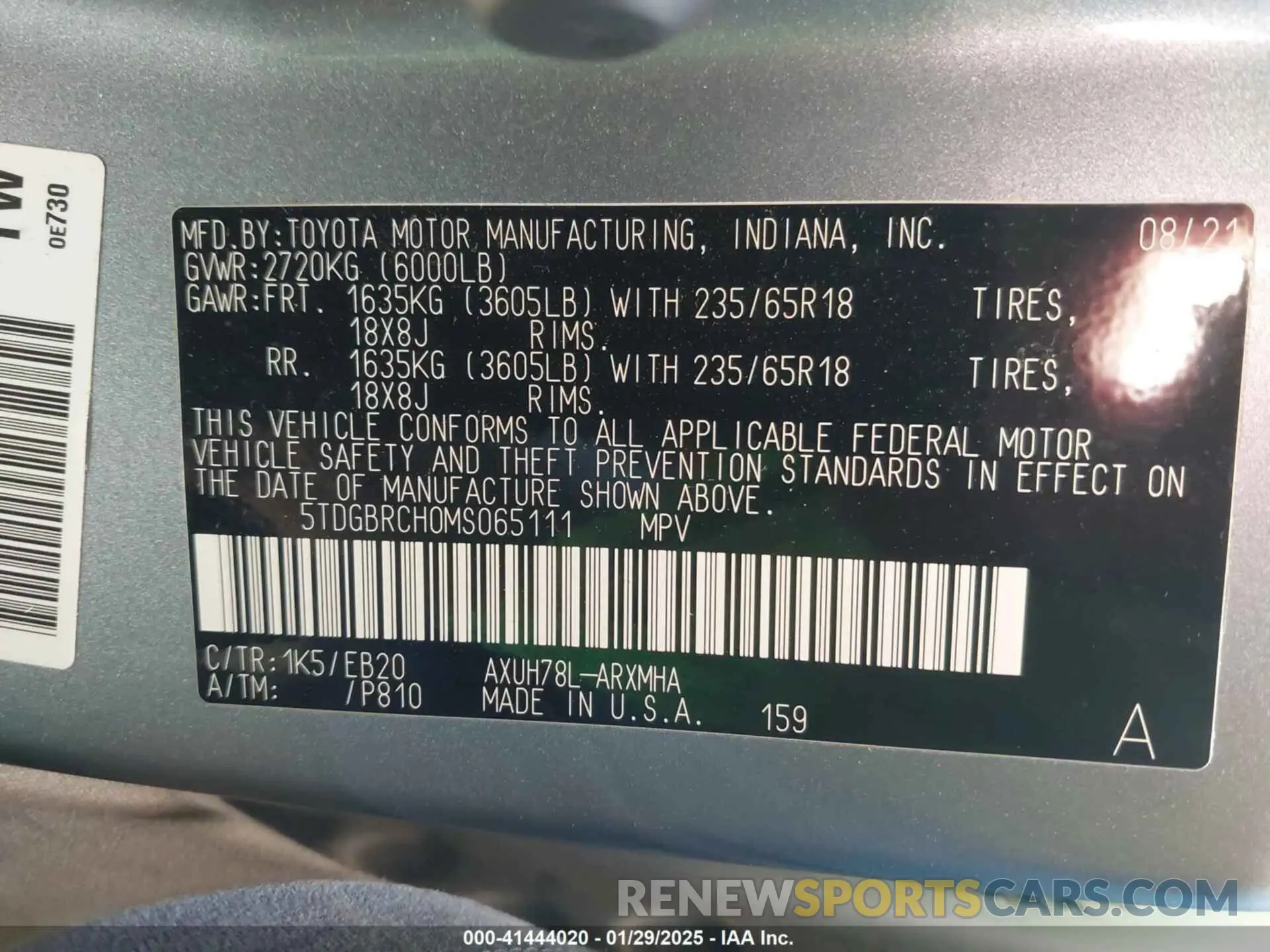 9 fotografías del automóvil dañado 5TDGBRCH0MS065111 TOYOTA HIGHLANDER 2021