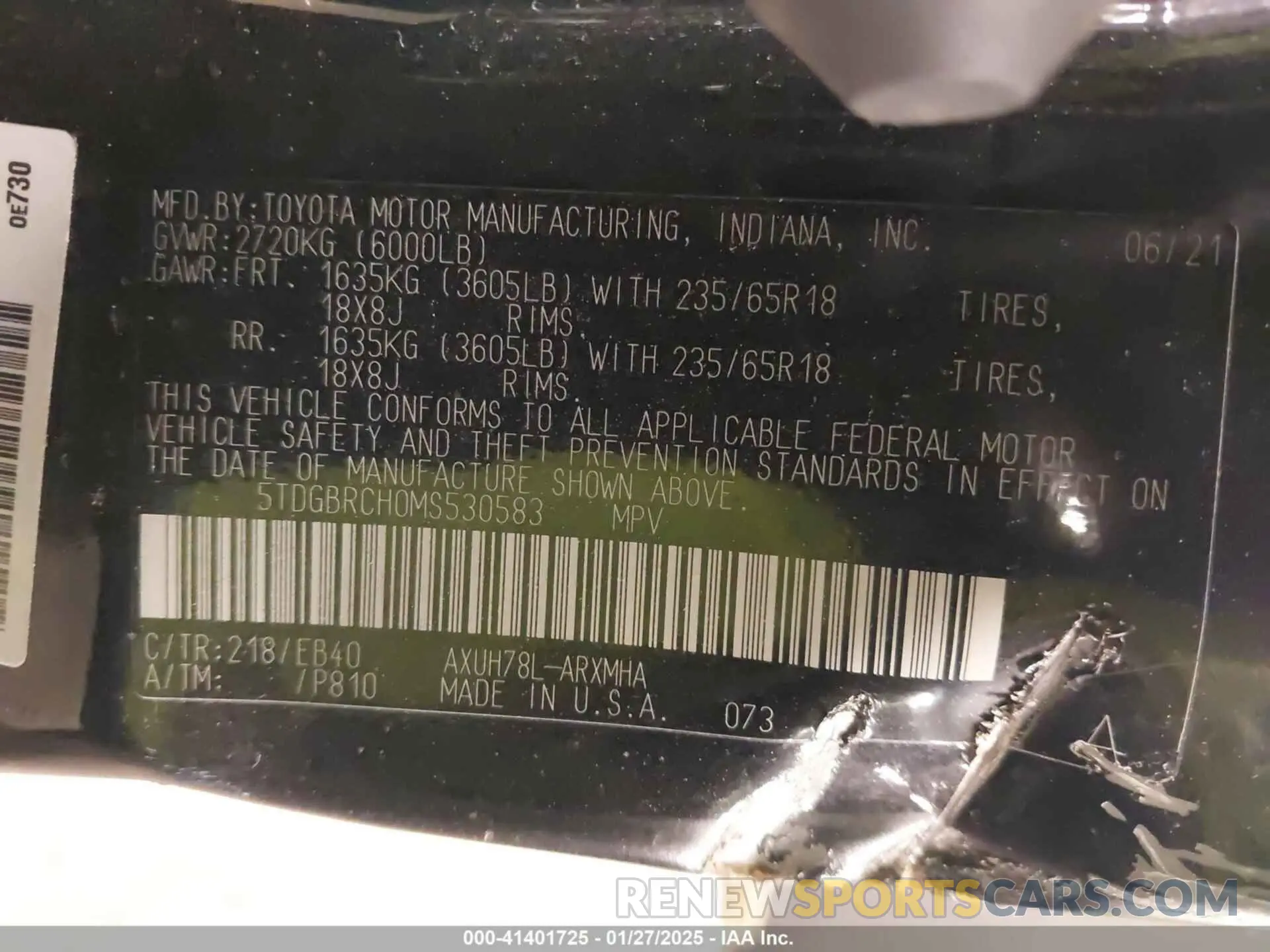 9 fotografías del automóvil dañado 5TDGBRCH0MS530583 TOYOTA HIGHLANDER 2021