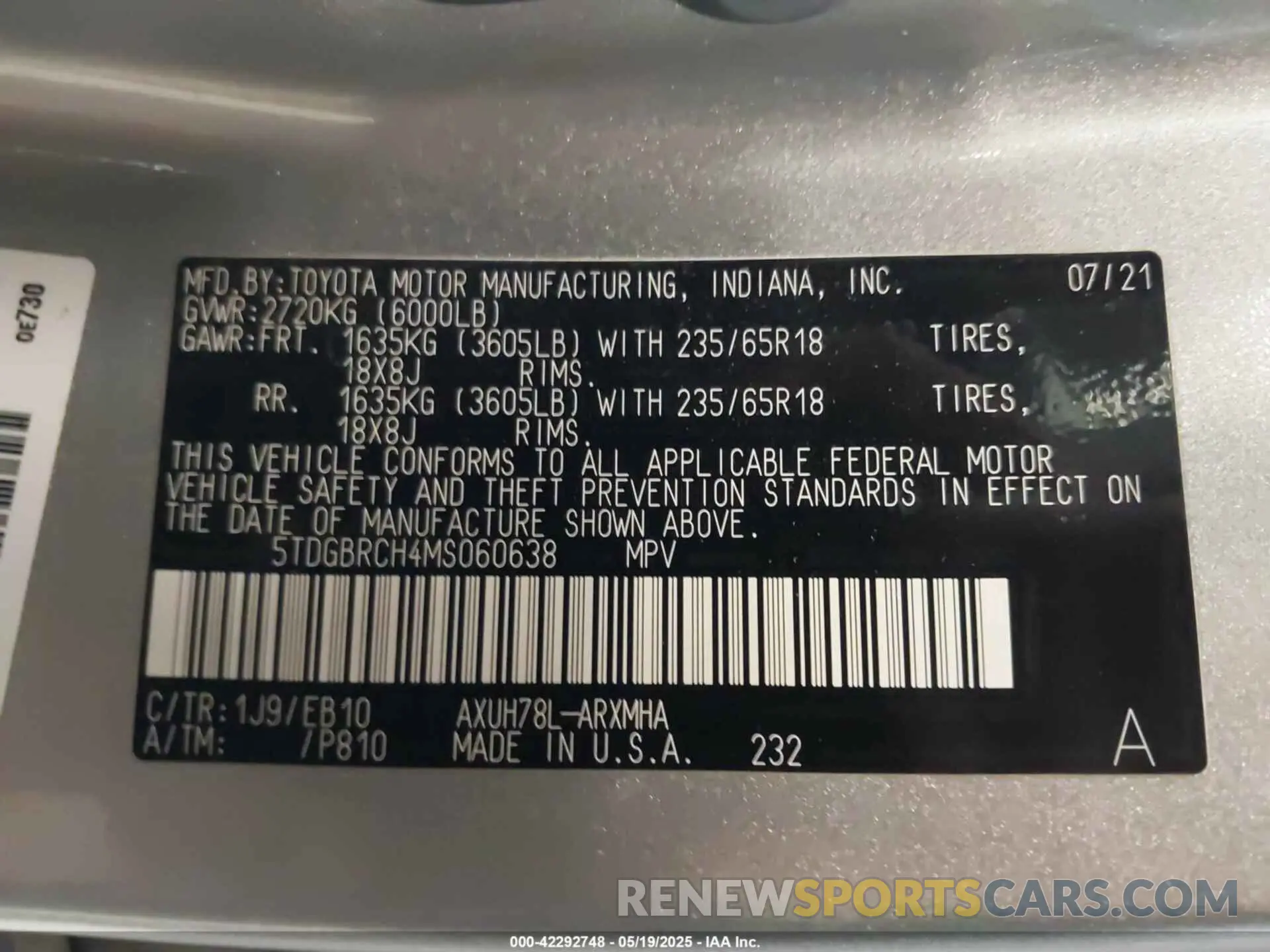 9 fotografías del automóvil dañado 5TDGBRCH4MS060638 TOYOTA HIGHLANDER 2021