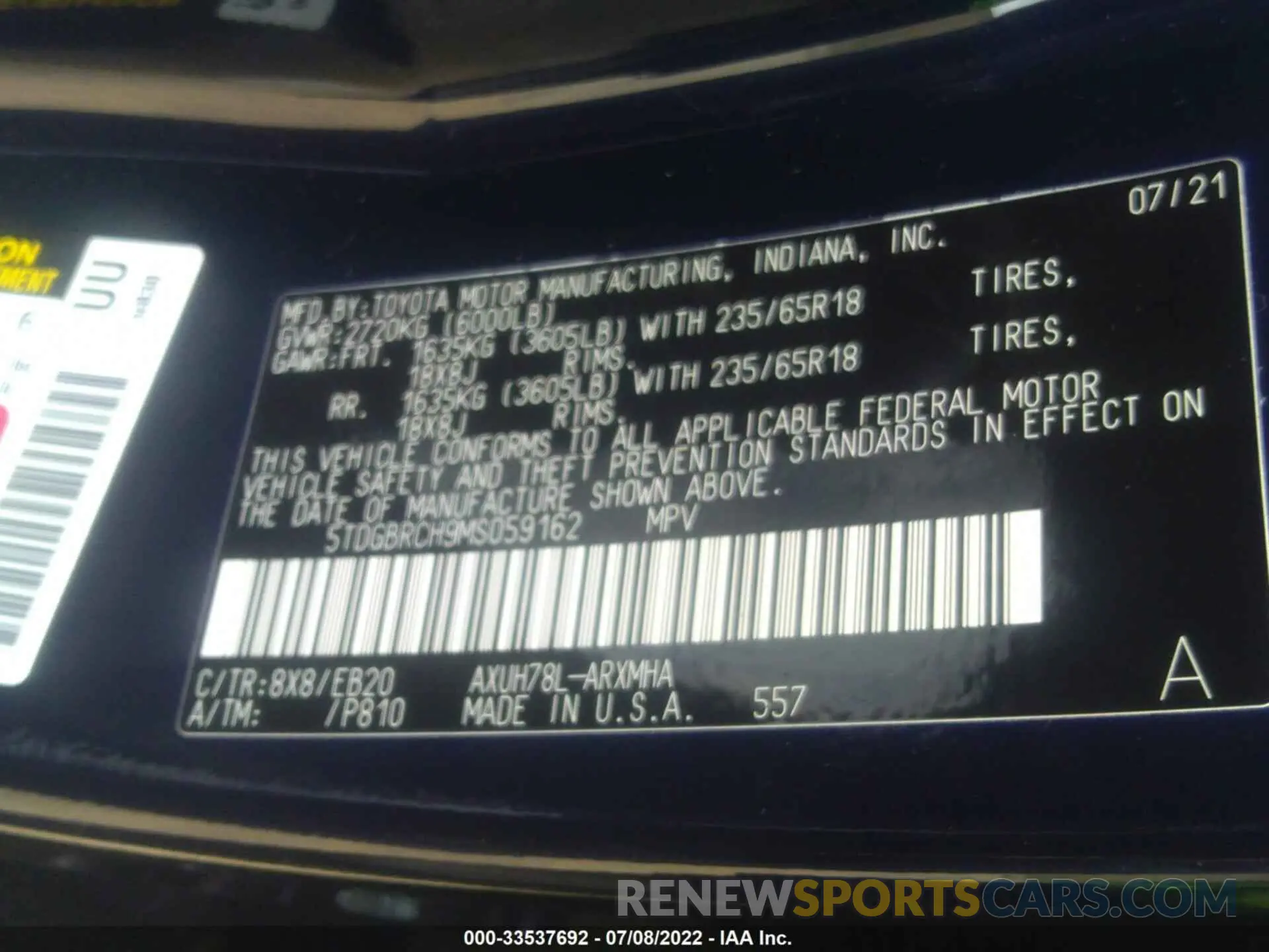 9 fotografías del automóvil dañado 5TDGBRCH9MS059162 TOYOTA HIGHLANDER 2021