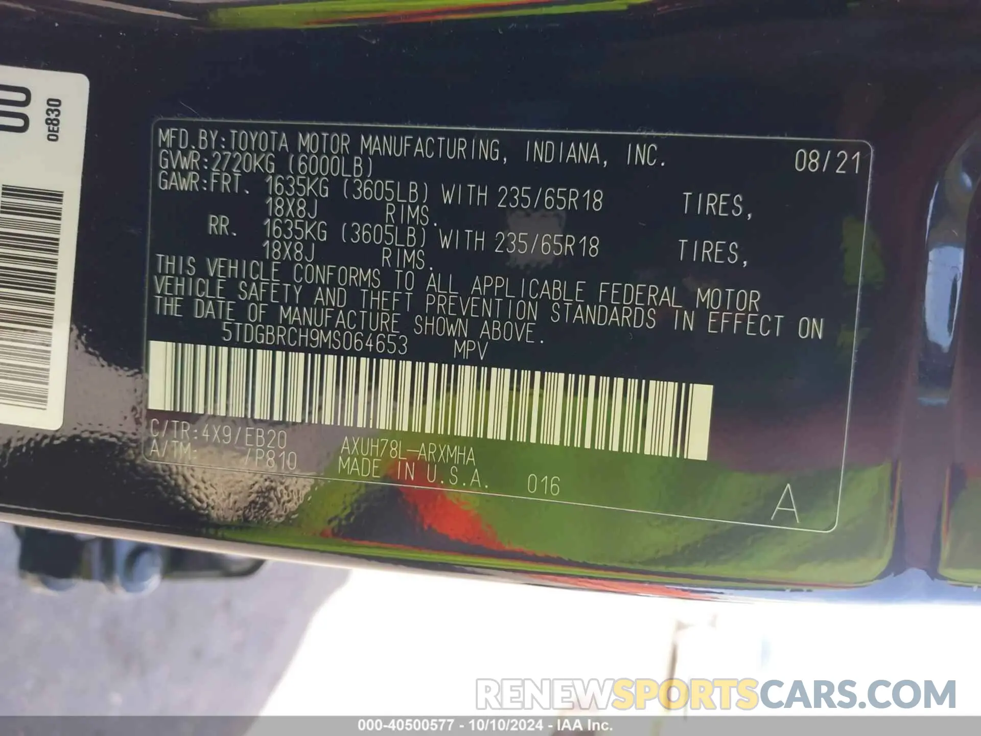 9 fotografías del automóvil dañado 5TDGBRCH9MS064653 TOYOTA HIGHLANDER 2021