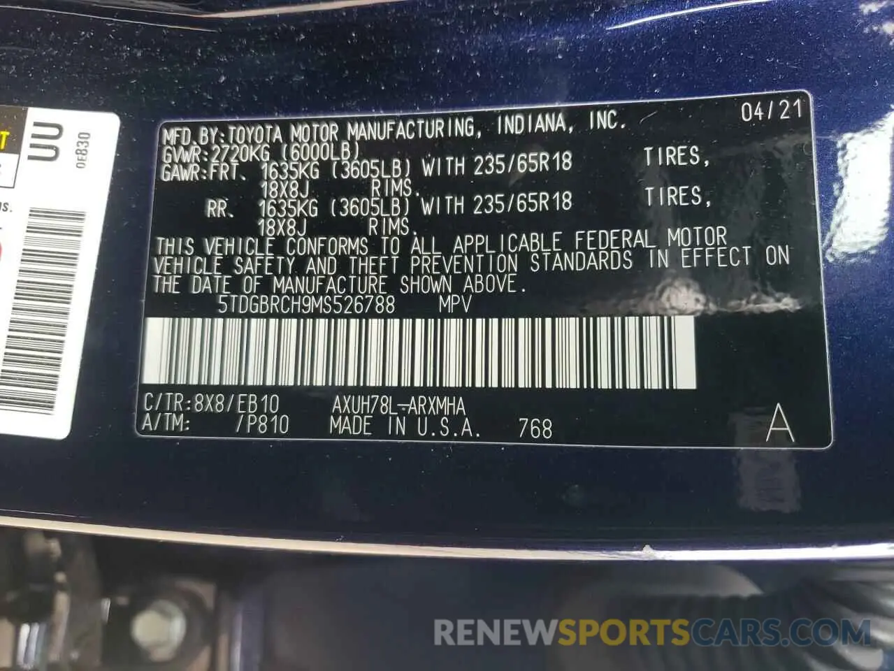 10 fotografías del automóvil dañado 5TDGBRCH9MS526788 TOYOTA HIGHLANDER 2021