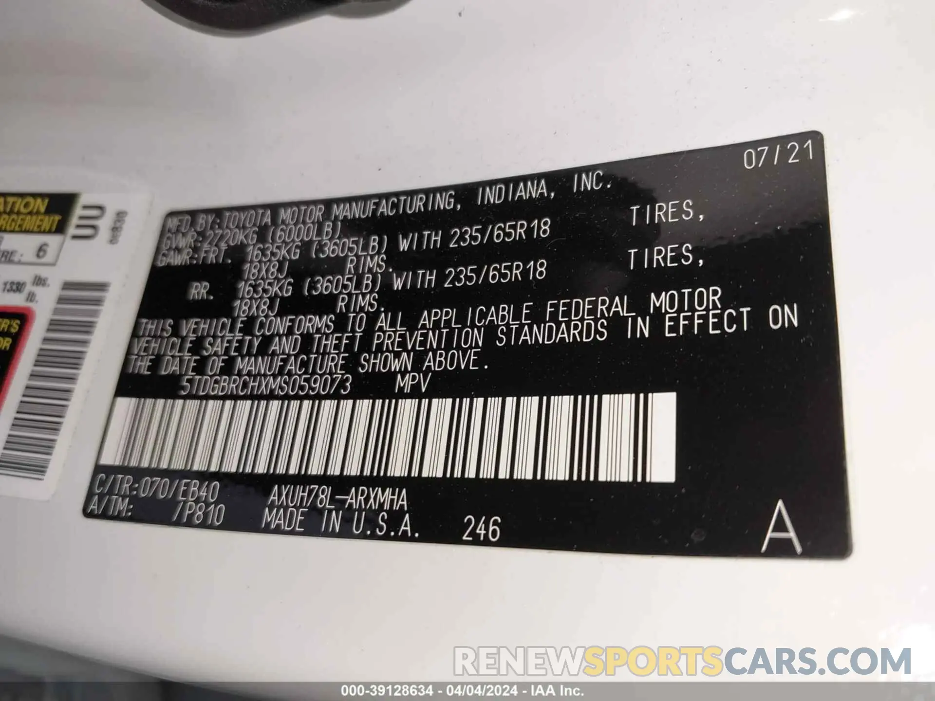 9 fotografías del automóvil dañado 5TDGBRCHXMS059073 TOYOTA HIGHLANDER 2021