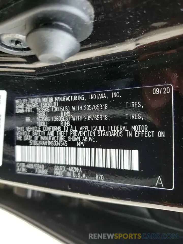 10 fotografías del automóvil dañado 5TDGZRAH1MS034545 TOYOTA HIGHLANDER 2021
