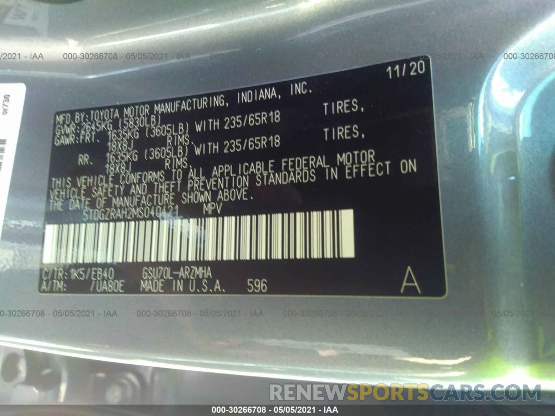 9 fotografías del automóvil dañado 5TDGZRAH2MS040421 TOYOTA HIGHLANDER 2021