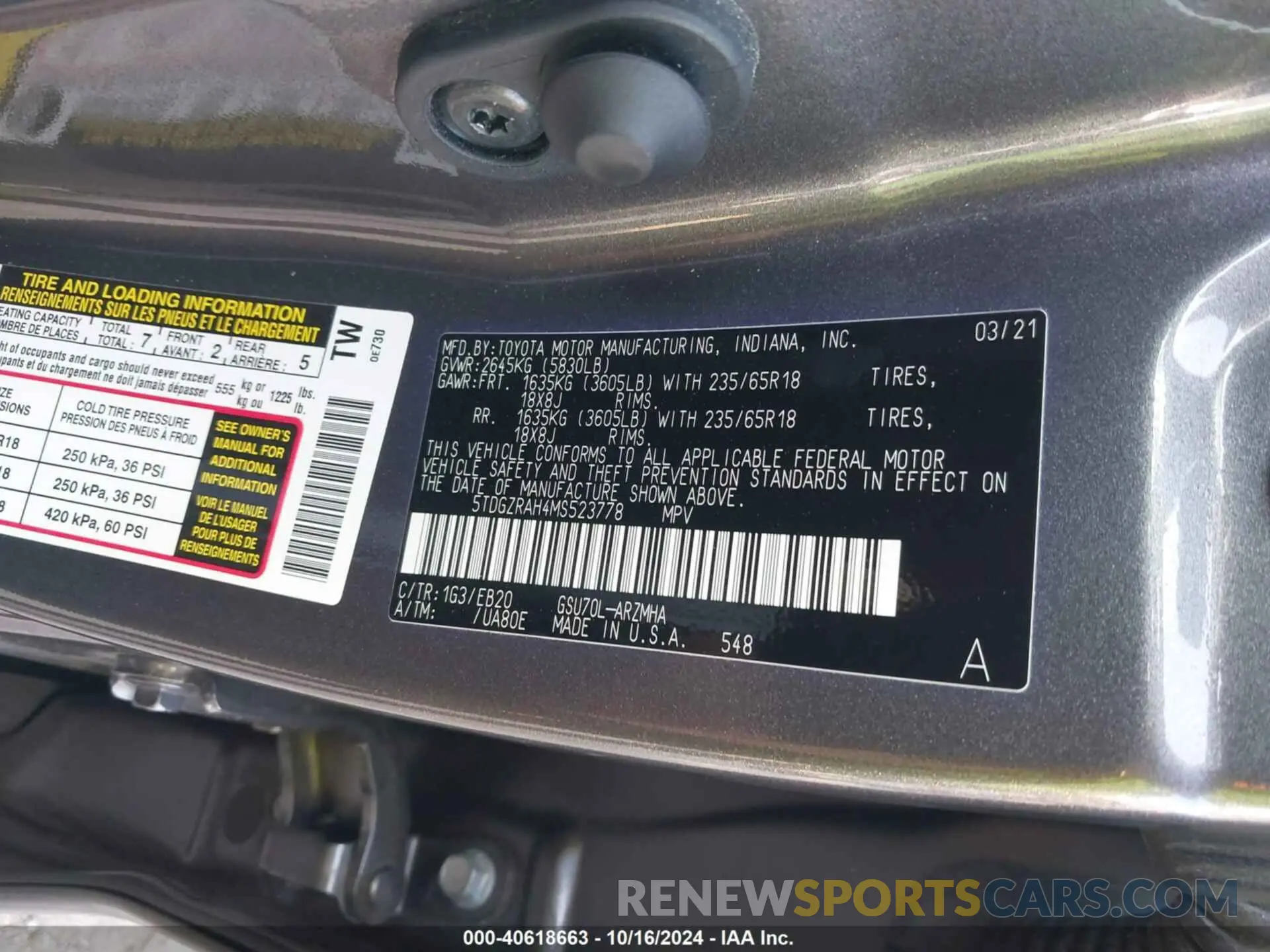 9 fotografías del automóvil dañado 5TDGZRAH4MS523778 TOYOTA HIGHLANDER 2021