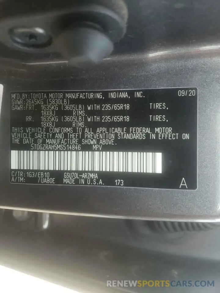 10 fotografías del automóvil dañado 5TDGZRAH5MS514846 TOYOTA HIGHLANDER 2021