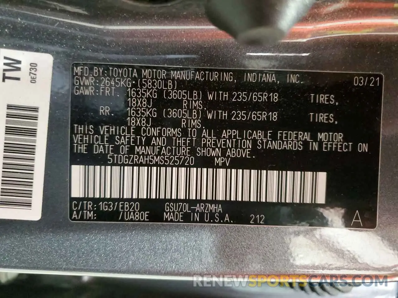 13 fotografías del automóvil dañado 5TDGZRAH5MS525720 TOYOTA HIGHLANDER 2021