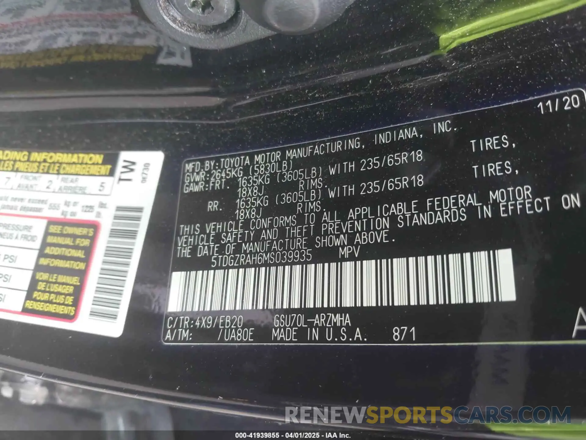 9 fotografías del automóvil dañado 5TDGZRAH6MS039935 TOYOTA HIGHLANDER 2021