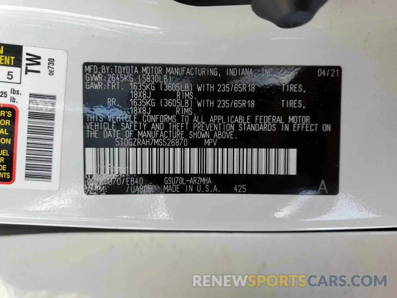 16 fotografías del automóvil dañado 5TDGZRAH7MS526870 TOYOTA HIGHLANDER 2021
