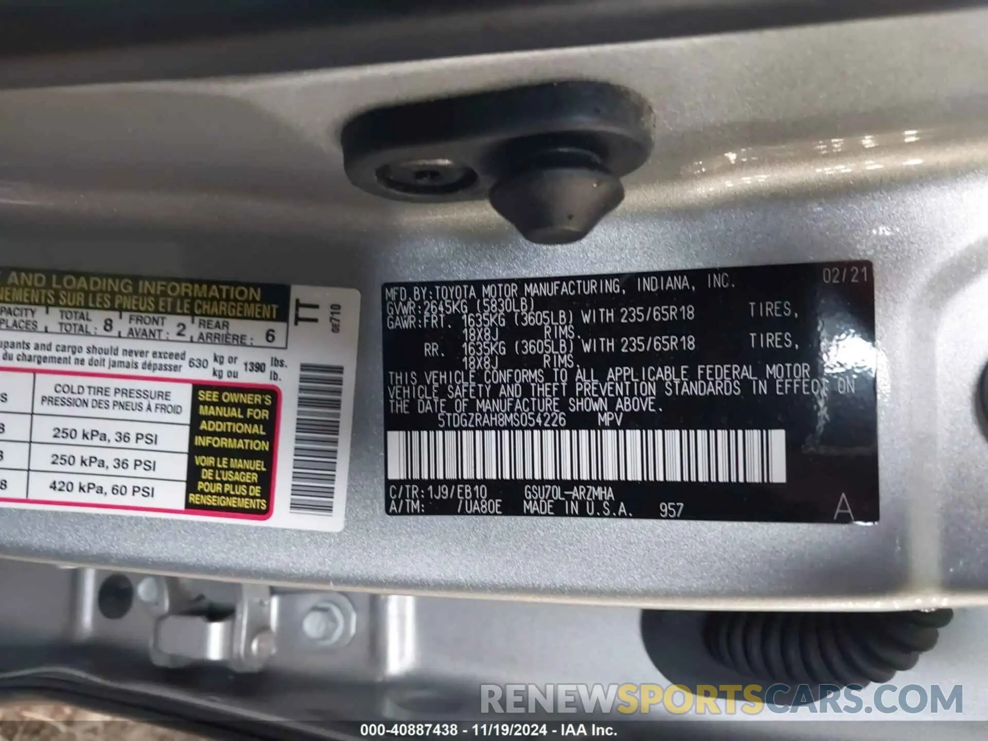 9 fotografías del automóvil dañado 5TDGZRAH8MS054226 TOYOTA HIGHLANDER 2021