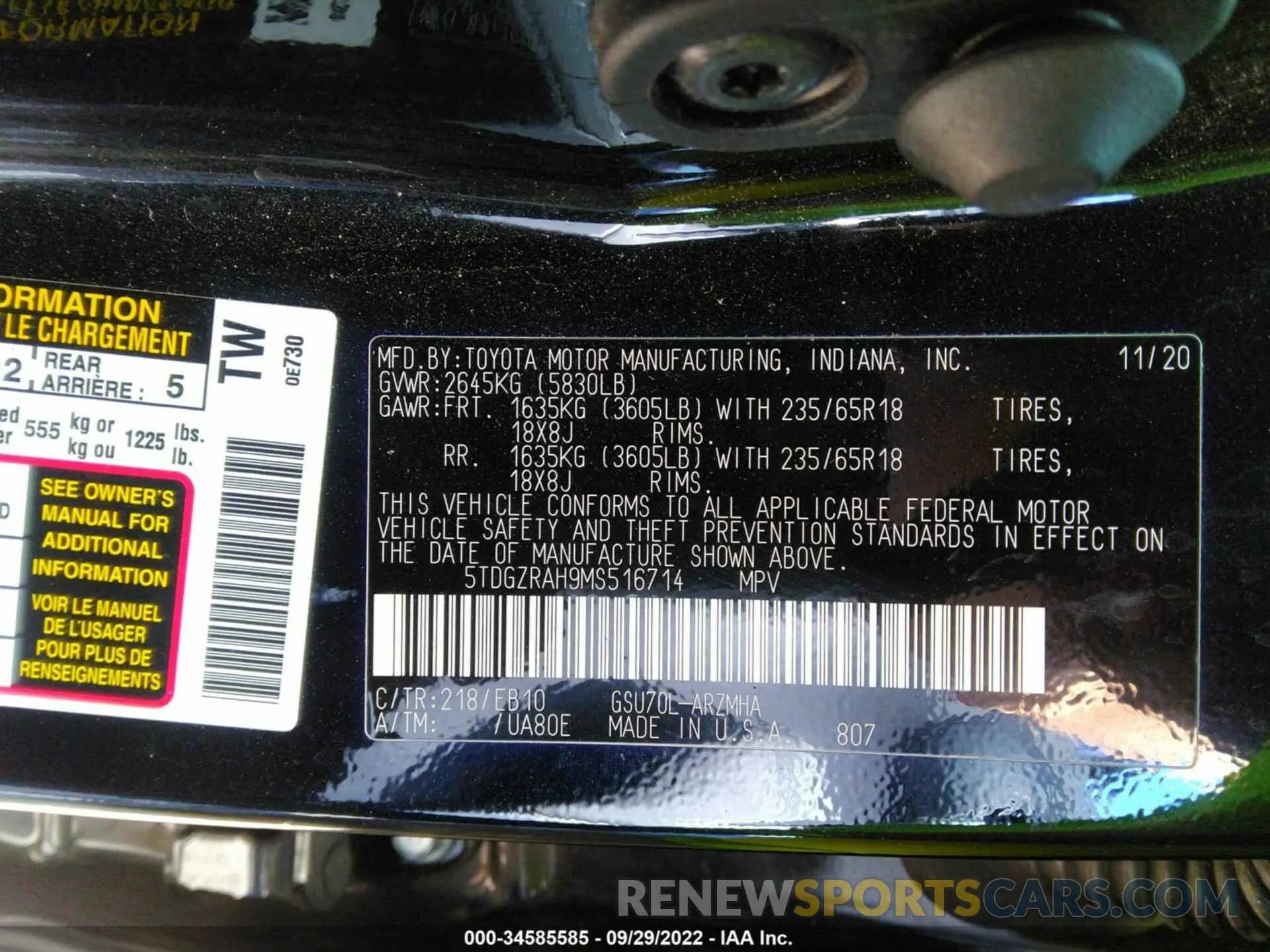 9 fotografías del automóvil dañado 5TDGZRAH9MS516714 TOYOTA HIGHLANDER 2021