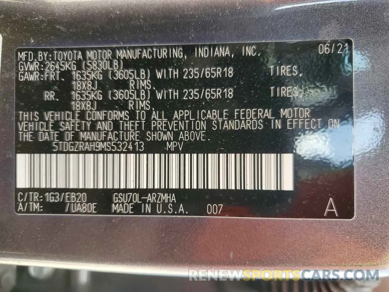 14 fotografías del automóvil dañado 5TDGZRAH9MS532413 TOYOTA HIGHLANDER 2021