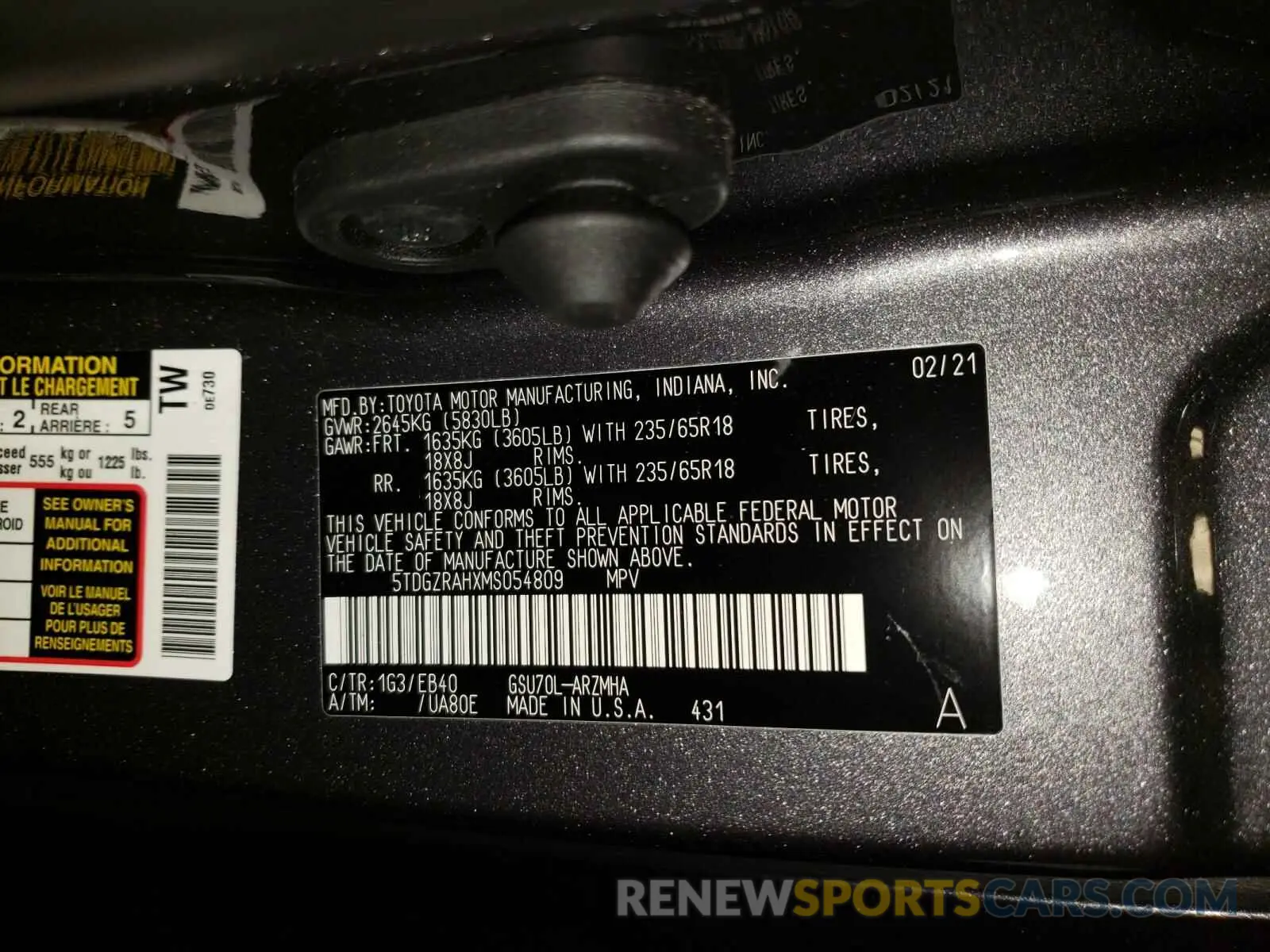 10 fotografías del automóvil dañado 5TDGZRAHXMS054809 TOYOTA HIGHLANDER 2021