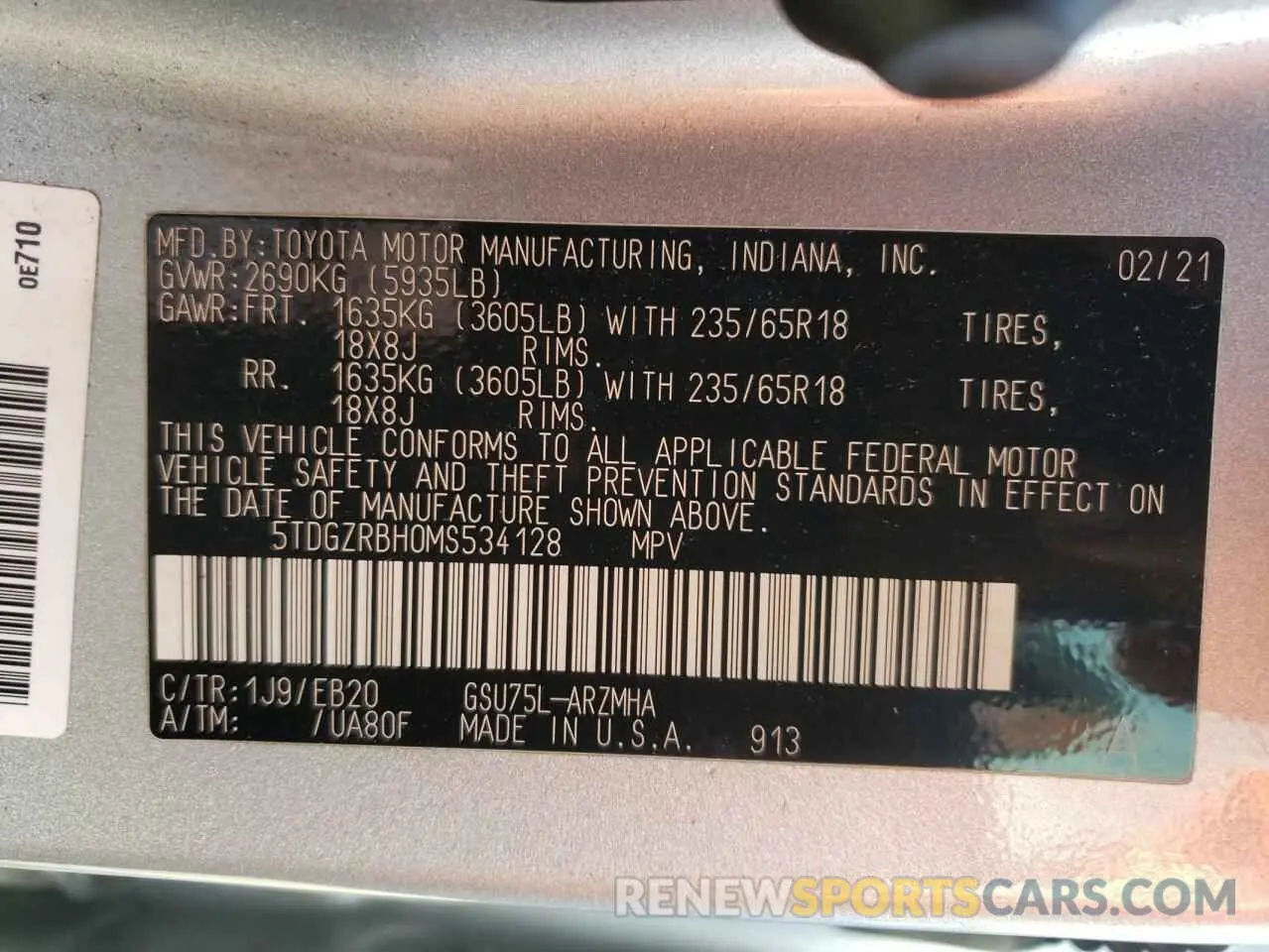 13 fotografías del automóvil dañado 5TDGZRBH0MS534128 TOYOTA HIGHLANDER 2021